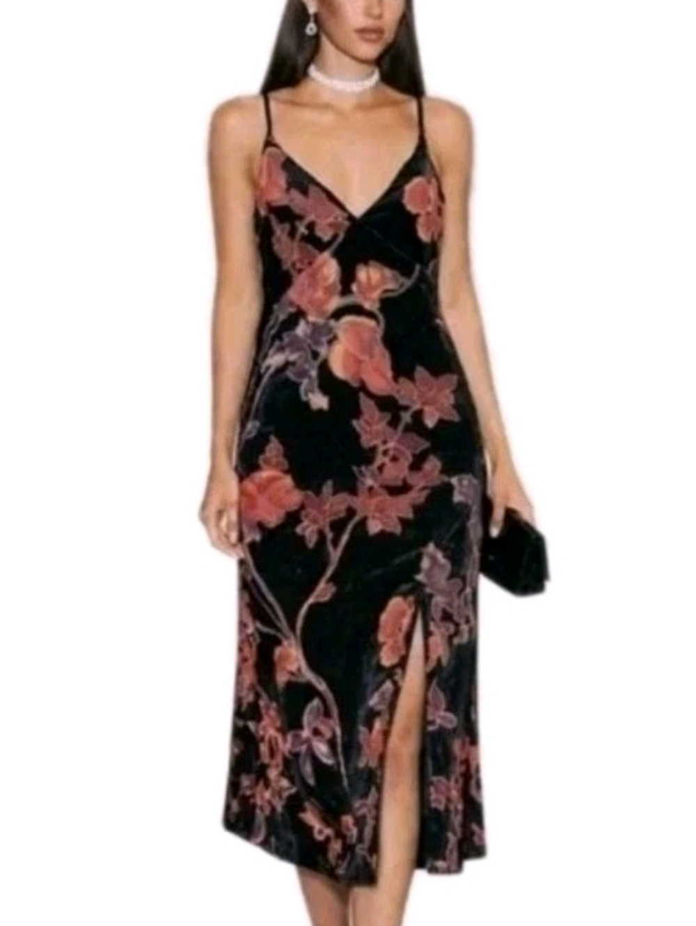 Black Floral Slip Dress with Pink Accents